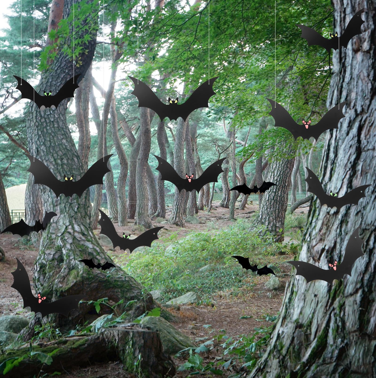 Photo 1 of 18 Pack Halloween Decorations Hanging Bats - 3 Sizes Scary Hanging Bat Set with 3D Bats Sticker, Outdoor Scary Flying Bats Set for Yard, Haunted House, Party - Indoor Outdoor Waterproof Decor