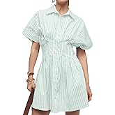 synound Women’s Button Front Down Pleated Shirt Dress Summer Casual Striped Short Sleeve Blouse Mini Dresses