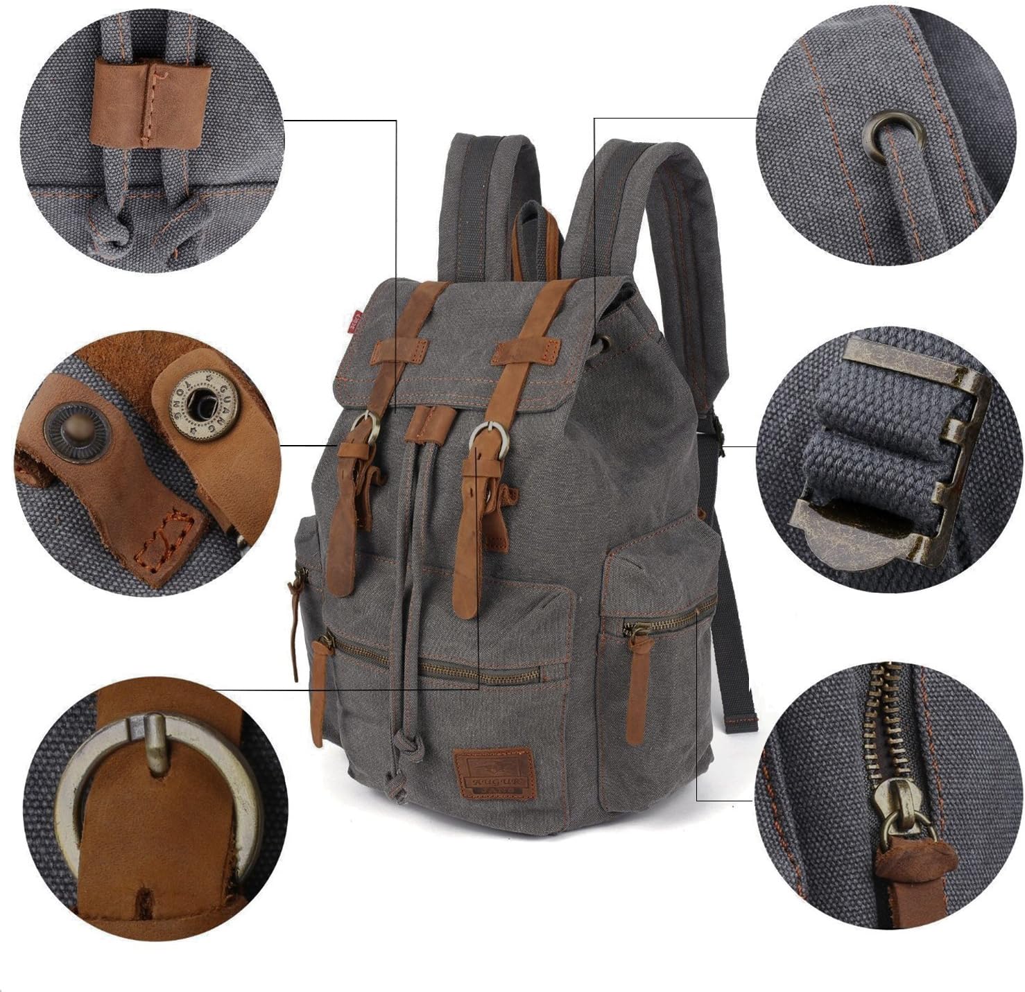Vintage Unisex Casual Leather Backpack Canvas Rucksack Bookbag Satchel Hiking Backpack Travel Outdoor Shouder Bag (Grey) 27.9 x 16 x 41.9 cm - Image 4