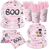A Little Boo Is Almost Due Baby Shower Girl Decorations,144pcs Pink Halloween Baby Shower Plates and Napkins Cups for Boo baby Shower Decorations,Serves 24