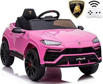 Rock Wheels Licensed Lamborghini Urus Ride On Truck Car Toy, 12V Battery Powered Electric 4 Wheels Kids Toys w/ Parent Remote Control, Foot Pedal, Music, Aux, LED Headlights, 2 Speeds (Pink)