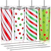 Sliner 4 Pcs Christmas Tumbler Stainless Steel 20 oz Christmas Mug Double Insulated Travel Mug Cup with Lid Straw and Brushes for Women Adult Drinking Xmas Party Decorations Holiday Gifts, 4 Styles