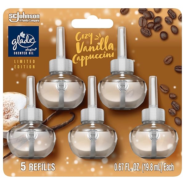 GLADE PLUGINS REFILLS AIR FRESHENER, SCENTED AND ESSENTIAL OILS FOR HOME AND BATHROOM, COZY VANILLA CAPPUCCINO, LIMITED EDITION SCENT, 3.35 FL OZ, 5 COUNT