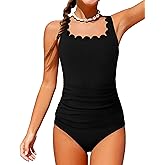 NECIOUS Girls Swimsuit Cute Scallop Trim Bathing Suit Two Piece Solid Color Printed Tankini Sets with Chest Pad 9-16Y