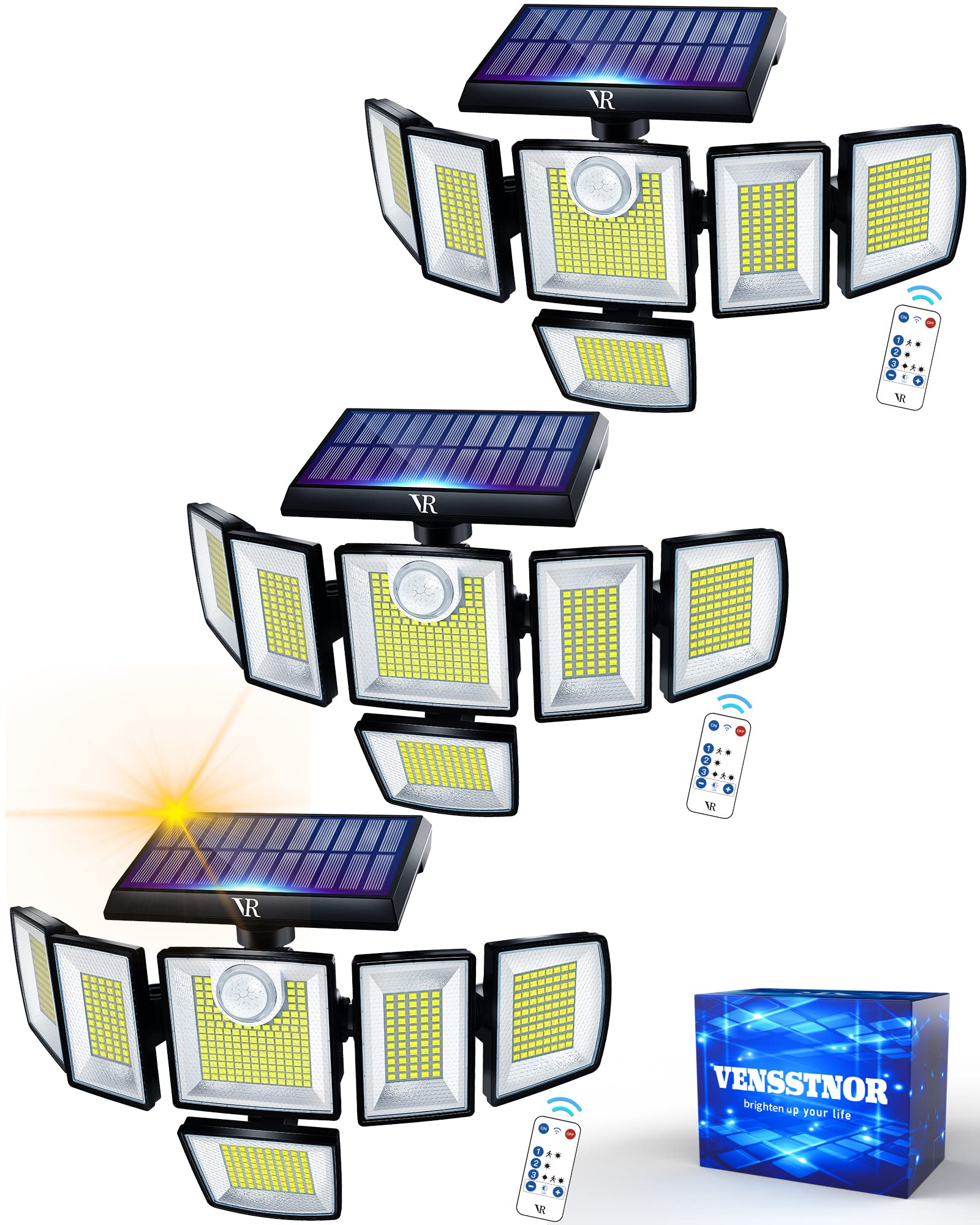 Photo 1 of VENSSTNOR Solar Motion Sensor Flood Lights Outdoor - 496LEDs 3500LM 3 Lighting Modes 3 Levels Brightness, 6 Heads 360° Illumination, IP65 Solar Security Lights,for Porch Yard Patio Garage(3 Packs)