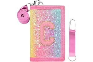 SiorVeol Girls Wallet for Kids Initial Glitter Wallets Trifold with Zipper and Card Slots Including Neck Lanyard and Hanging Strap, Vertical Rainbow, C