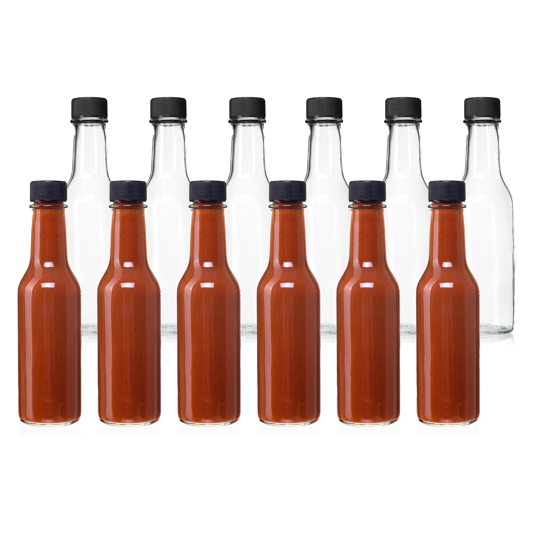 California Home Goods  Empty Clear Glass Hot Sauce Bottles with Black Caps and Drip Dispensing Tops, 11.8 x 7.1 x 8 inches , 24 Pack