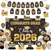 Graduation Decorations 2026 Gold Themed Set Class of 2026 Congrats Grad Banner Balloons Honeycomb &amp; Streamers Kit Graduation Party Decorations for School and College Celebrations