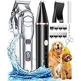 oneisall Dog Clippers Grooming Kit for Thick Coats &amp; Heavy Duty | Stainless Steel Blade, 2000mAh Cordless Dog Clippers+Paw Trimmer, Low Noise, IPX7 Waterproof, 6 Guide Combs