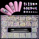 Yzzseven 12 Types of 600 Crystal AB Diamonds + 2500 Flat Rhinestones Mix 20 Styles Flatback DIY Crafts Rhinestone Crystals 3D Ornaments Flat Back Stones Set + Tweezers + Drill Pen