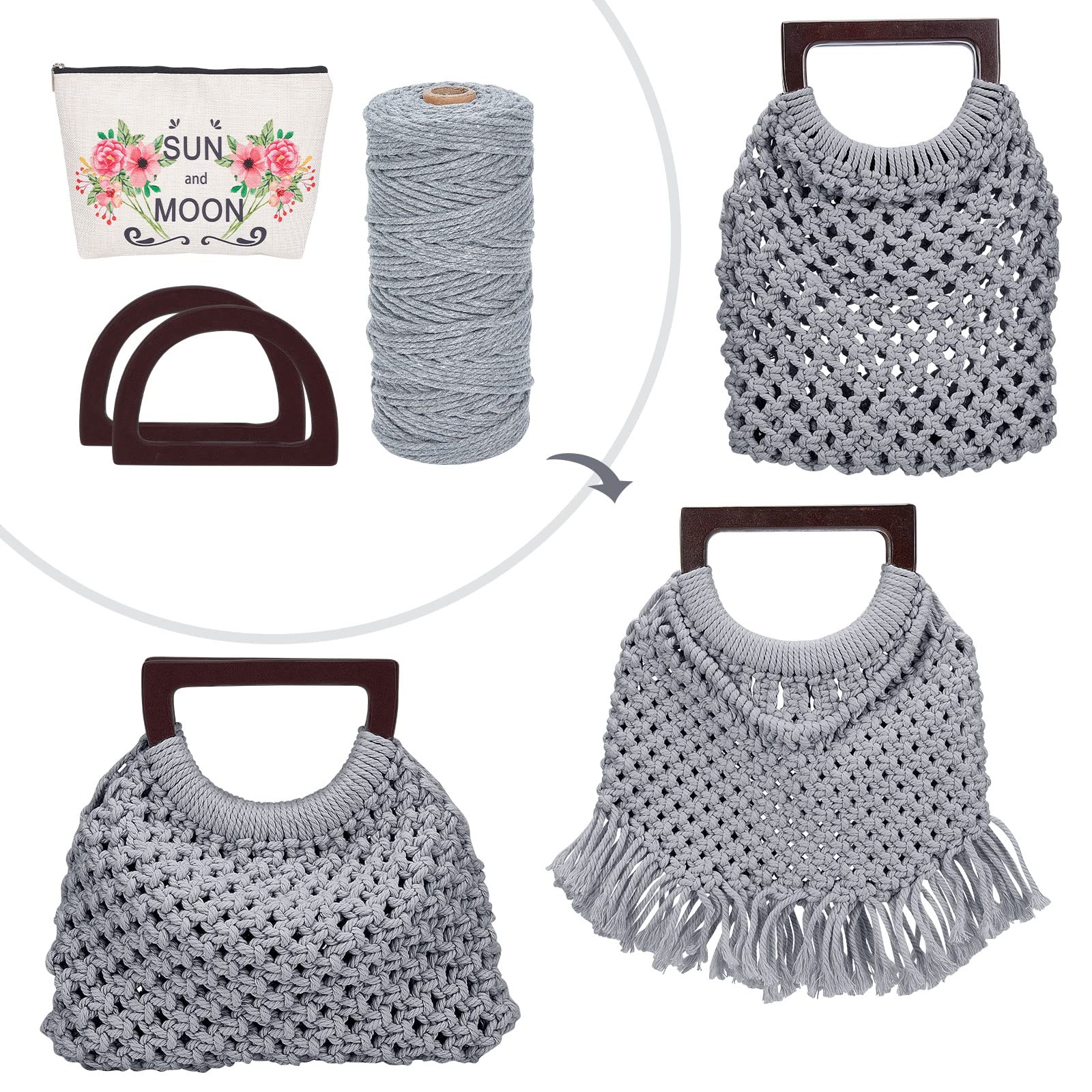 WEBEEDY Macrame Bag DIY Kit for Adults Beginners Macrame Purse Kit for Women/Girls Macrame Handbag with Wooden Handle Starter Crafts Supplies Set for Christmas Boho Gift Ideas (Grey)