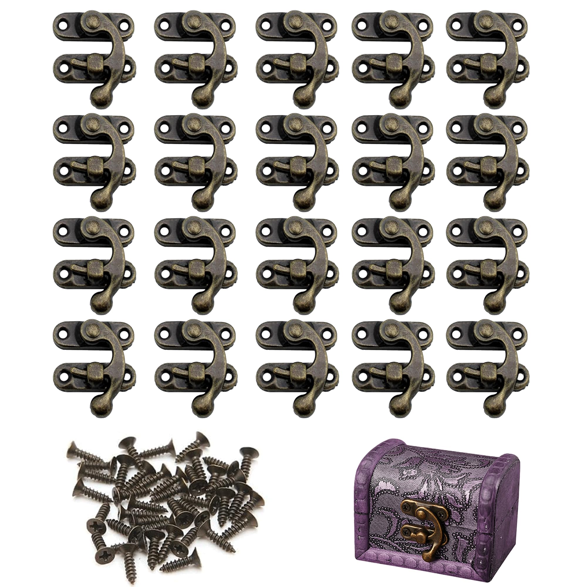Bansusu 20Pcs Antique Right Latch Hook Mini Box Clasp Bronze Turn Button Latch Vintage Style Lock Latches Swing Lock Clasp with Matching Screws for DIY Wine Gift Jewellery Wooden Boxes Decoration