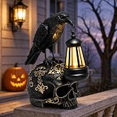 EPOTUE Halloween Solar Raven Skull Lantern, Gothic Resin Crow Skull Decor | Spooky Outdoor Halloween Decor for Porch, Patio, Garden, Graveyard & Haunted House and Halloween Gift