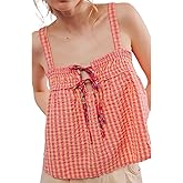 Women Y2K Tie Front Gingham Crop Tank Tops Square Neck Sleeveless Plaid Camisoles Summer Cute Backless Shirred Vest Shirt