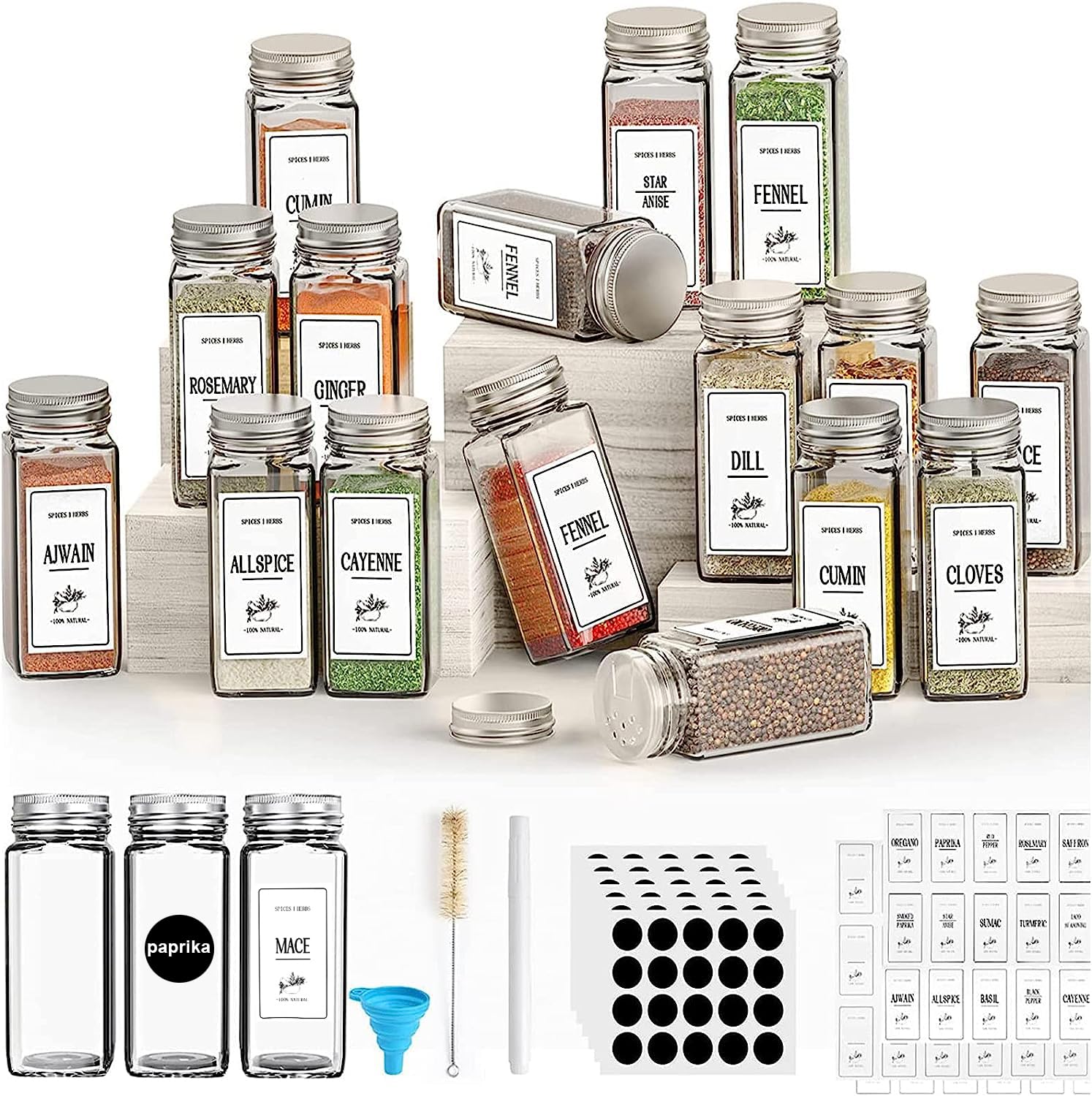 Spice Storage Solution - 16 Pack Glass Jars With Shaker Lids - 120ml Square Kitchen Spice Containers for Salt, Pepper, Herbs and More