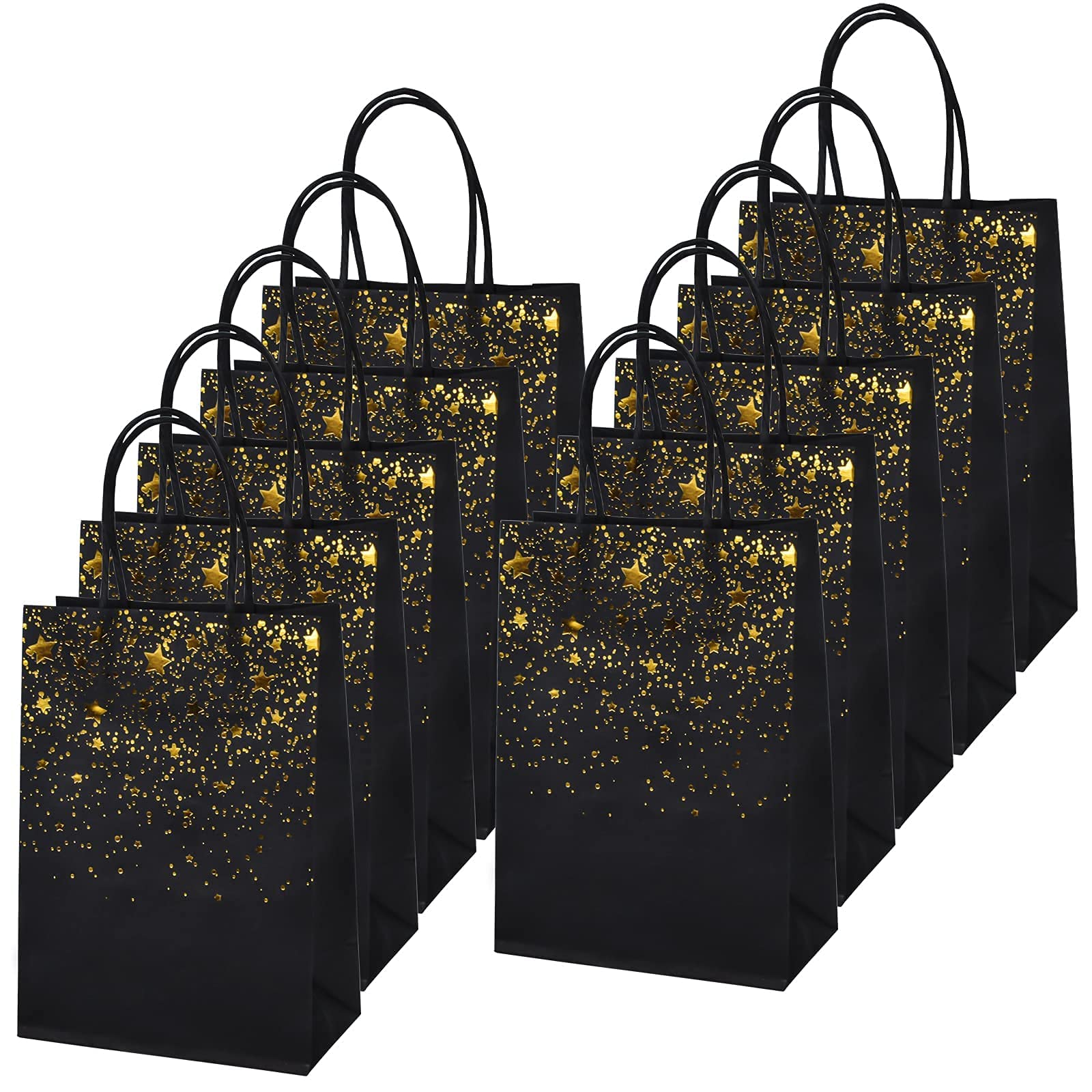 Kraft 10-Piece Bronzing Gold Candy Bags - Flat Bottom Lunch Bags with Handle for Party Celebrations, Birthday, Wedding, Gift (Stars & Dots)