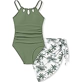 KANGKANG Girls Swimsuit Quick Dry Cut Out One Piece Swimsuits with Tropical Print Cover Up Skirt Bathing Suit Swimwear 7-18Y