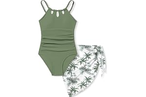 KANGKANG Girls Swimsuit Quick Dry Cut Out One Piece Swimsuits with Tropical Print Cover Up Skirt Bathing Suit Swimwear 7-18Y