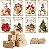 Whaline 120Pcs Christmas Paper Tags Xmas Tree Santa Snowman Hanging Labels Vintage Name Tags with Hemp Rope for Winter Party DIY Crafts Supplies, 8 Designs