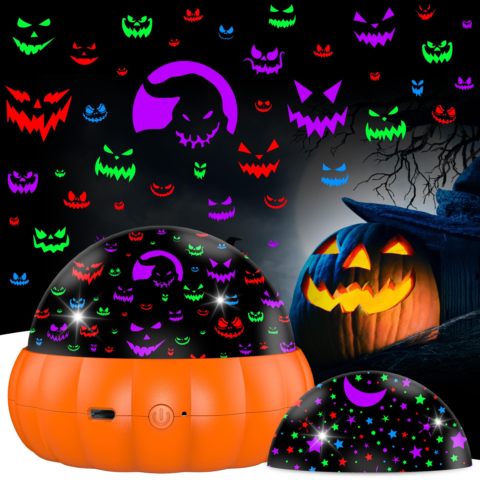 Photo 1 of Halloween Pumpkin Night Light Projector for Kids, Star Projector Night Lights with Jack O'Lantern Faces - Starry Theme, 15 Color Changing and 360 Degree Rotation, Halloween Decor and Gift