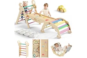 Bimomiki Pikler Triangle Climbing Set with Cushion, Foldable Climbing Toys Indoor, Montessori Toddler Gym, 10-in-1 Climber & Playground, Gift for Christmas, Birthday, New Year (Rainbow Valley)