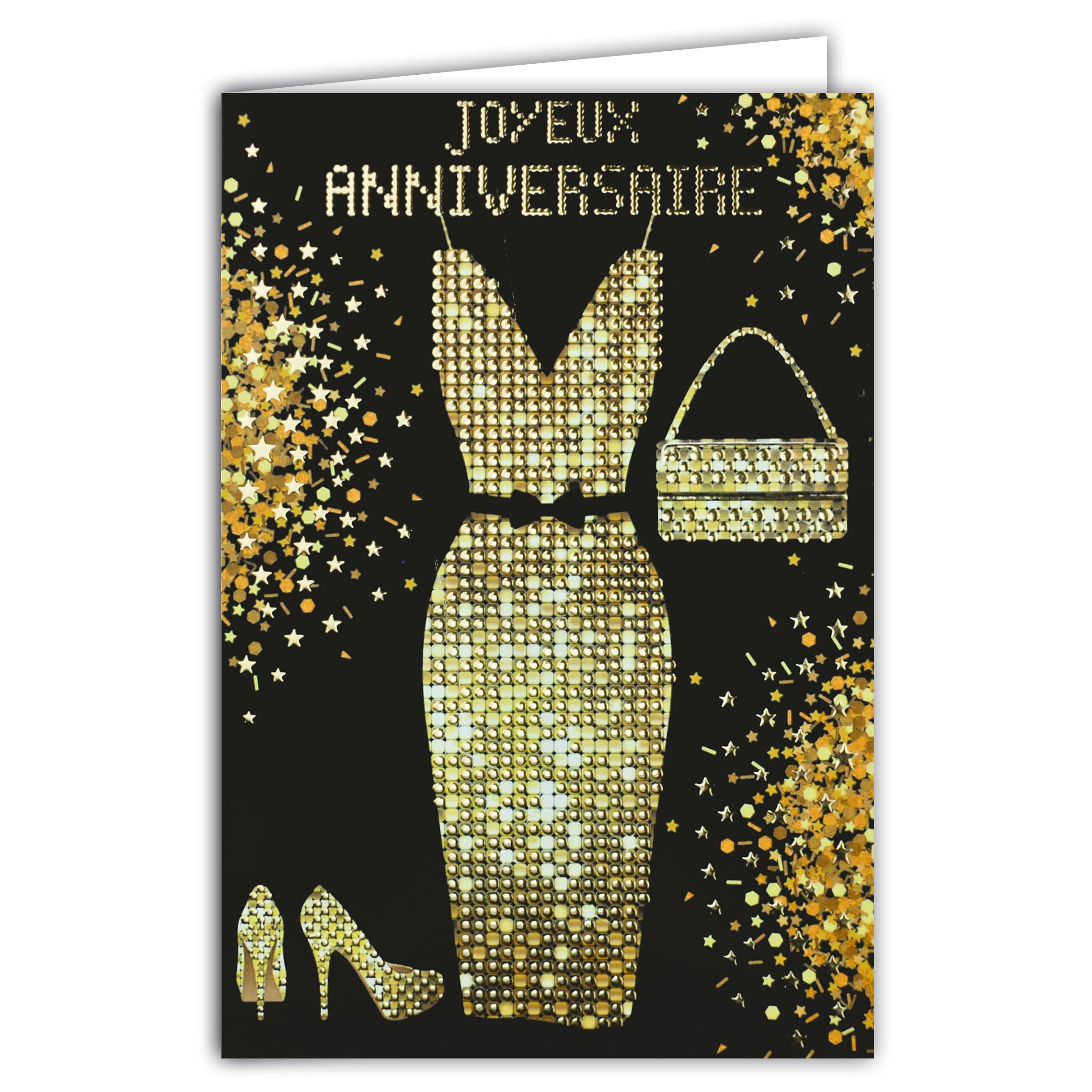 Happy Birthday Card Woman Girl Mum Mother Black and Gold Sparkly Rhinestones Shiny Chic Gold Dress Handbag Shoes High Heel Party Wish Fashionable Disco 1970s