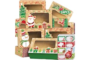 Party Funny 24 Christmas Cookie Boxes -Large Holiday Baked Food Container for Gift Giving with 160 Count Christmas Foil Gift Stickers