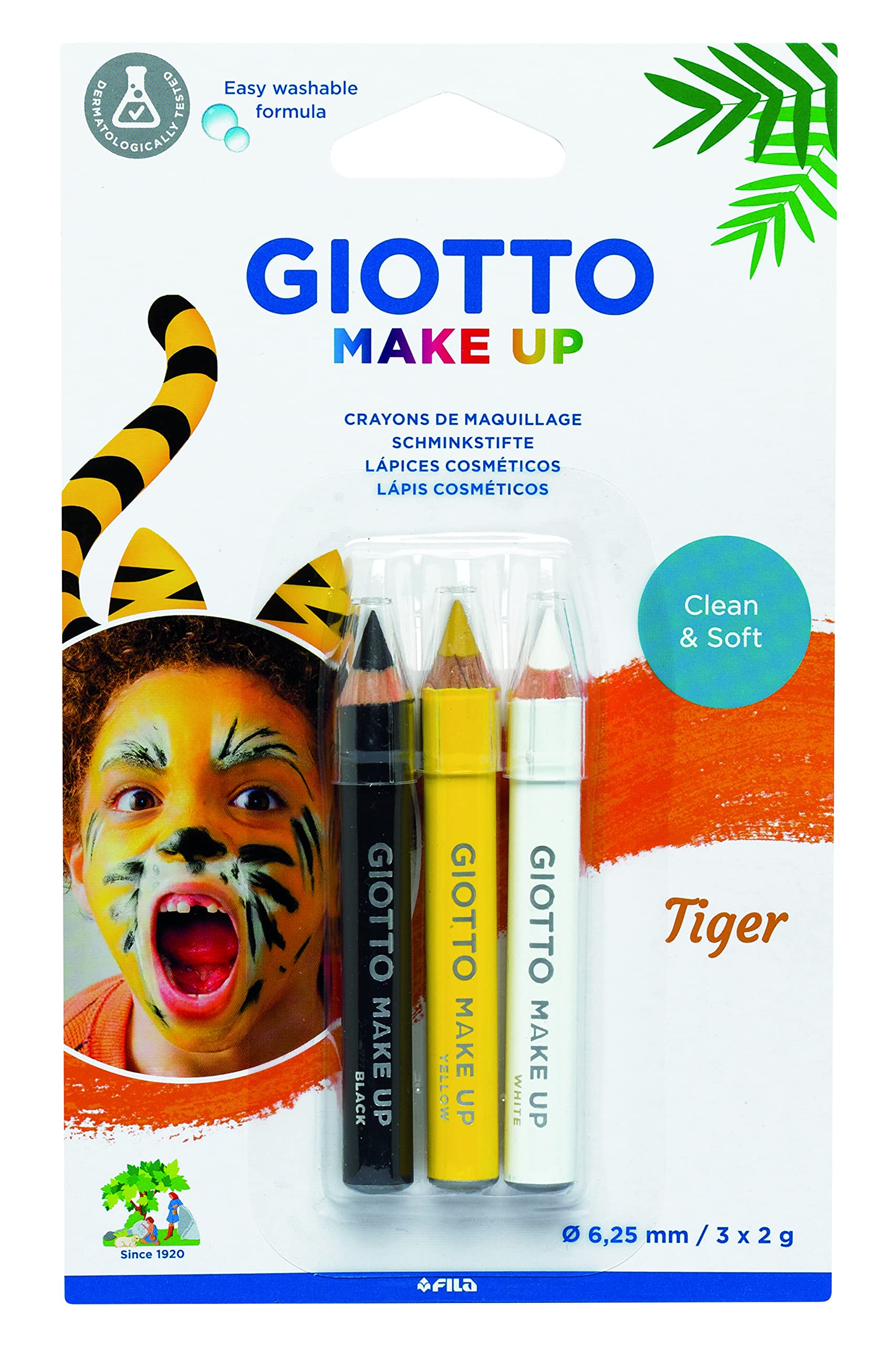 GIOTTO Tiger Soft Make-Up Cosmetic Pencils, Easy Washable Formula, 3 Assorted Colours, For Children and Parties