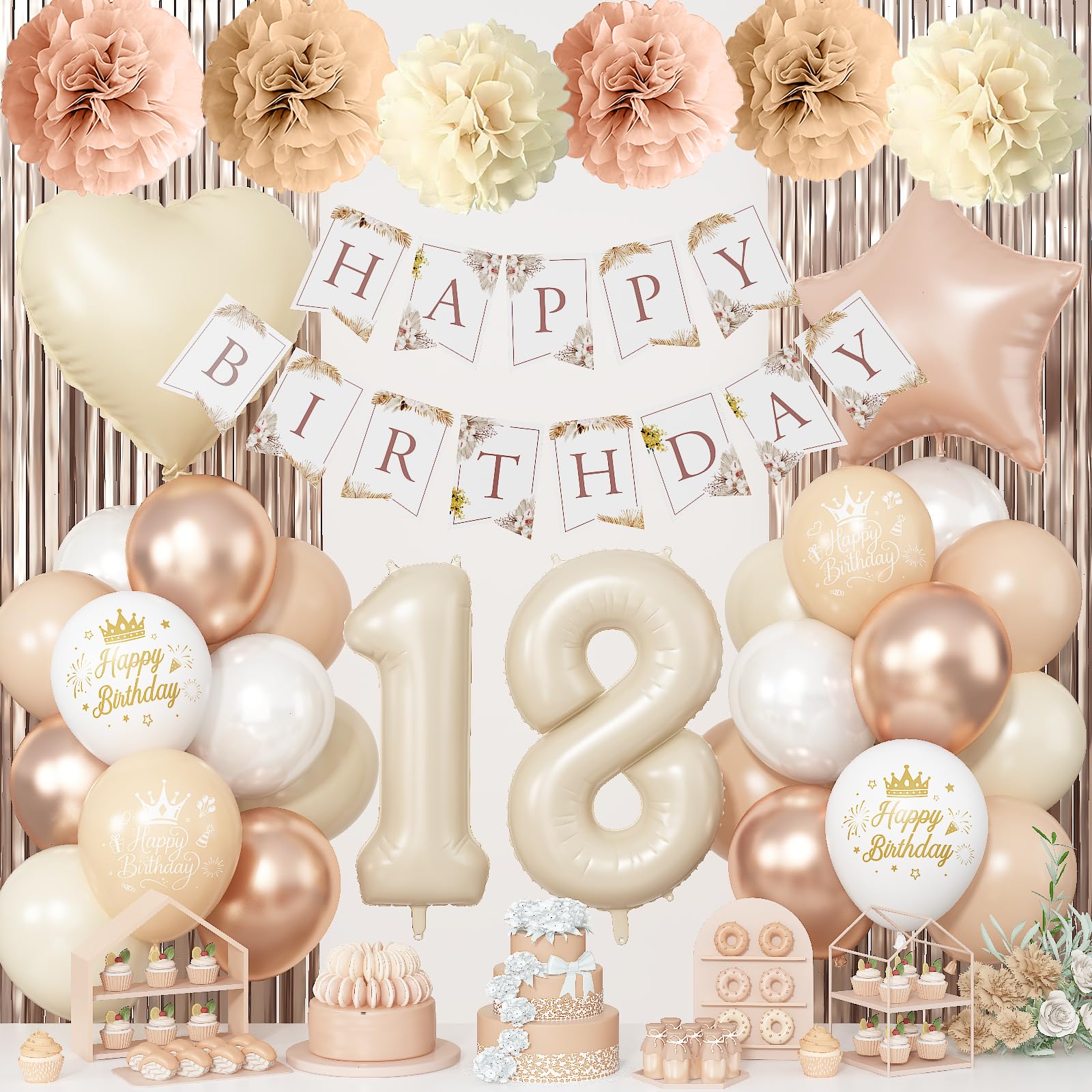 Photo 1 of 18th Cream Birthday Decorations for Girls, Beige Foil Number 18 Heart Tan Star Balloons Neutral White Gold Nude Latex Balloons with Boho Happy Birthday Banner Fringe Curtain Paper Pom Poms Party Decor