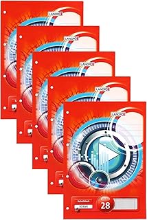 Landre Schulblock A4 kariert mit Rand, 50 Blatt, gelocht, kopfverleimt, 5er Pack, rot, 400145132