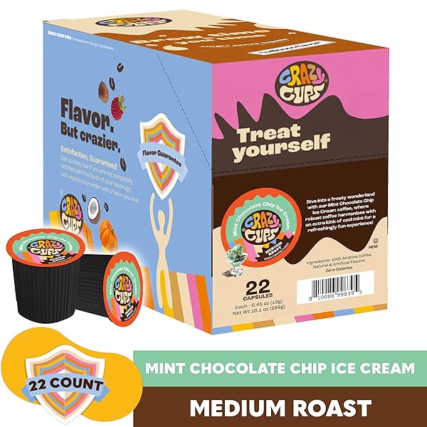 CRAZY CUPS CHOCOLATE COFFEE PODS, MINT CHOCOLATE CHIP ICE CREAM COFFEE PODS FOR K CUP KEURIG MACHINES, BREW HOT OR ICED, 22 COUNT