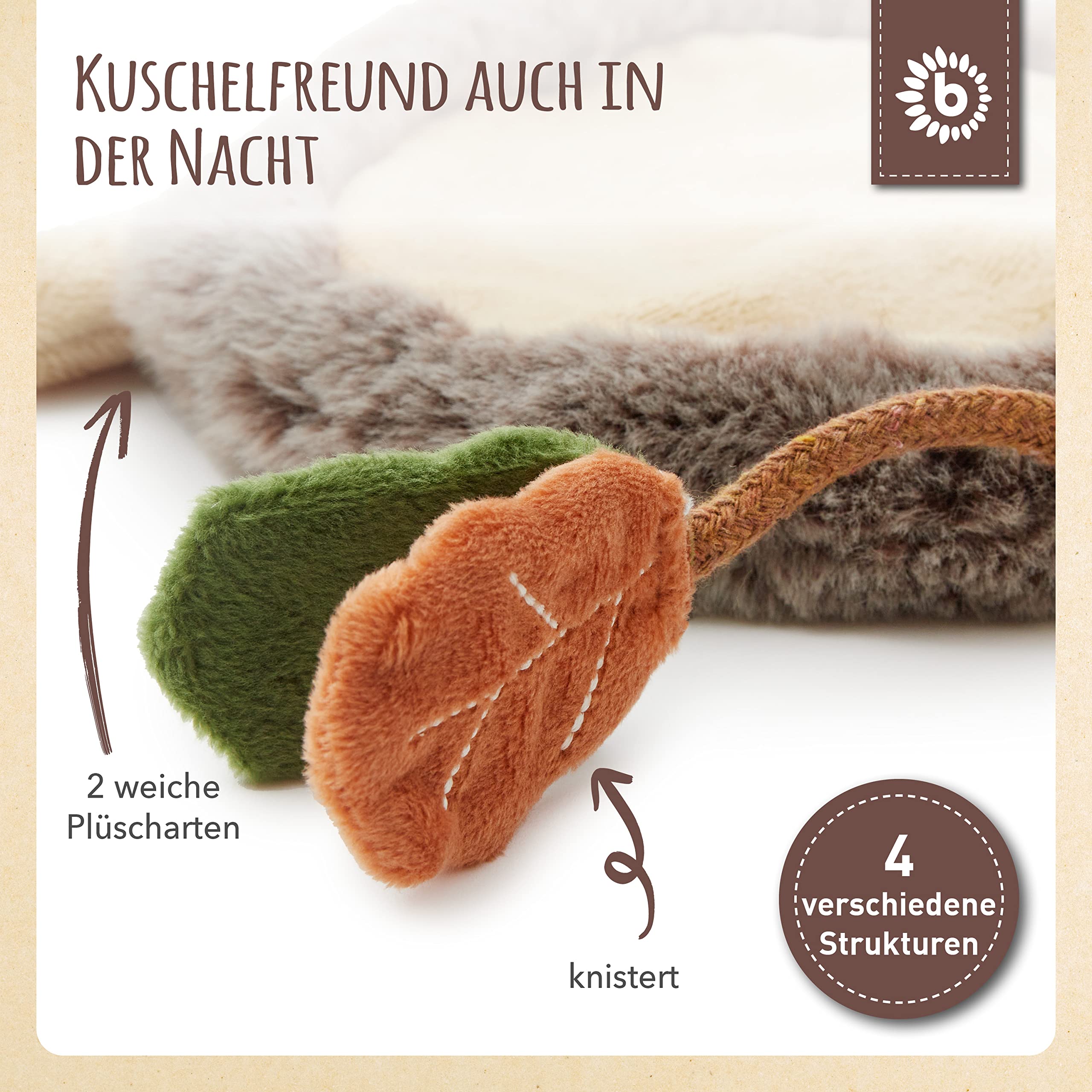 Bieco Baby-Igel Kuscheltier | Süßes Waldtiere-Geschenk aus Baumwolle | Schnuffeltuch und Schmusetuch mit Knister-Spielzeug 4