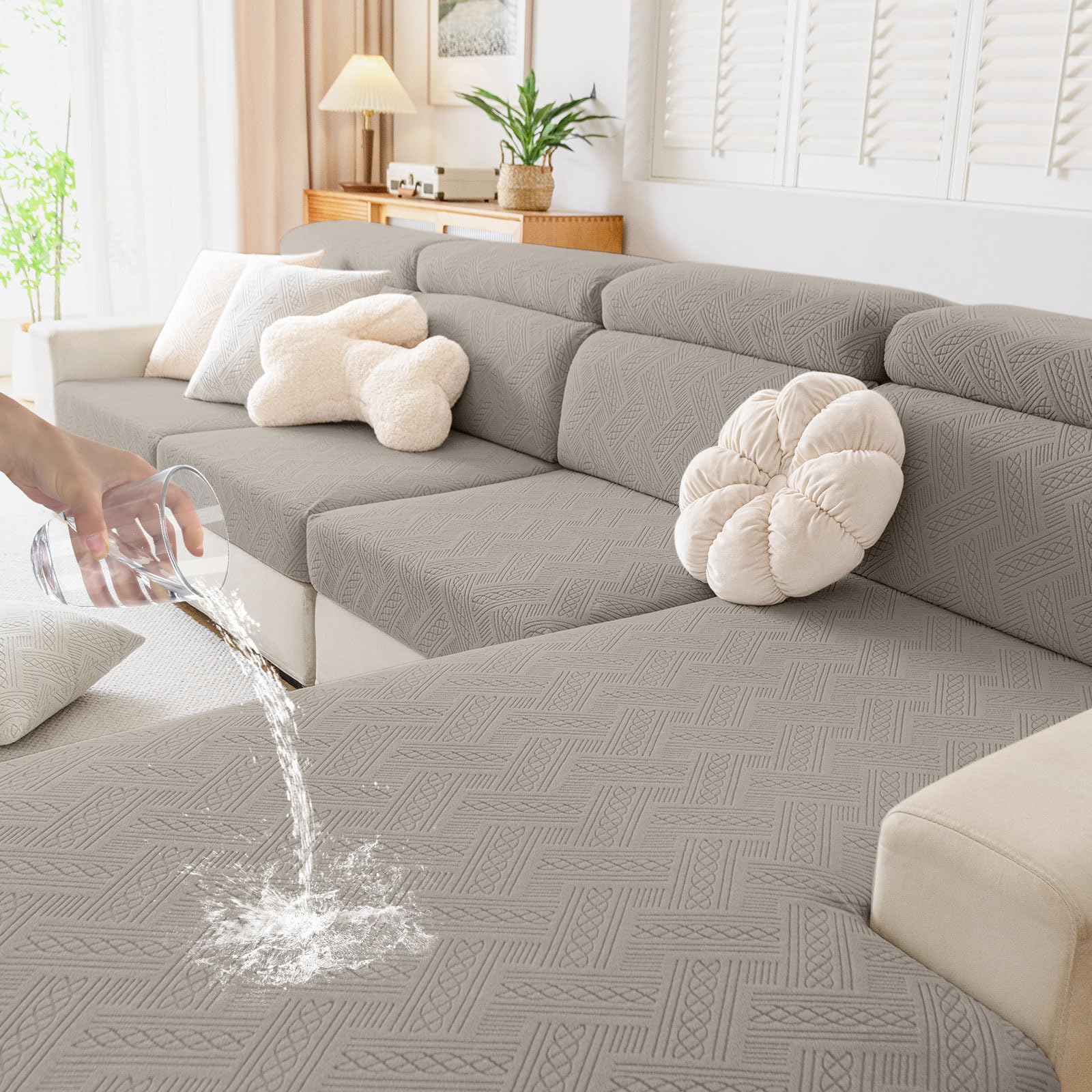 Photo 1 of hyha Waterproof Couch Cushion Covers, Waterproof Sectional Couch Covers for 3 Cushion Sofa for Pets, Stretch Sofa Slipcover Washable with Elastic Bottom(3 Packs, Taupe)