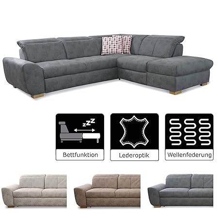 Cavadore Ecksofa Bules mit Bett / Großes Schlafsofa mit praktischem Stauraum / Inkl. verstellbarer Kopfteile / Modernes Desig