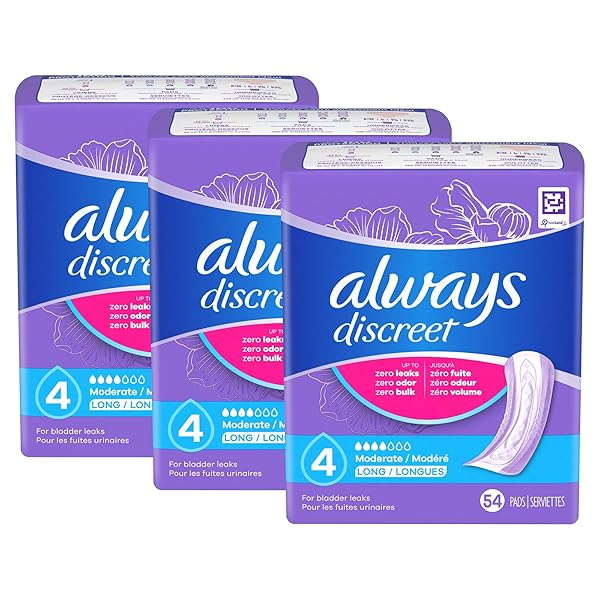 ALWAYS DISCREET ADULT INCONTINENCE PADS FOR WOMEN, MODERATE ABSORBENCY, LONG LENGTH, POSTPARTUM PADS, 52 COUNT