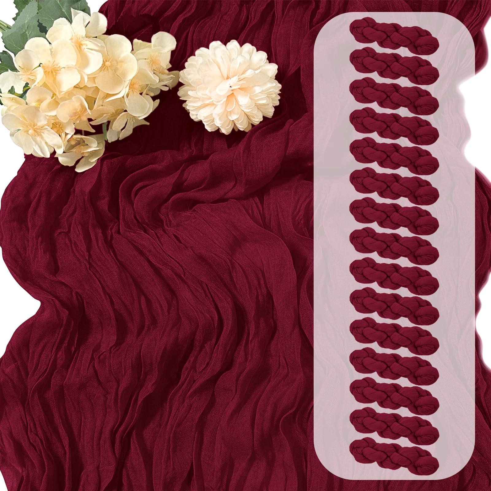 Photo 1 of 15 Pack Burgundy Cheesecloth Table Runner 17 x 108 inch Cheese Cloth Table Runners 9ft Burgundy Table Runner Rustic Romantic Sheer Gauze Runner for Wedding Party Baby Shower Table Decoration