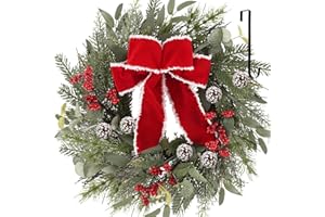 NISOGER 24 Inch Christmas Wreath Decorations, Christmas Wreaths for Front Door with Red Bowknot and Hook, Christmas Door Wreath with Berries for Indoor Outdoor Fireplace Wall Window Christmas Decor