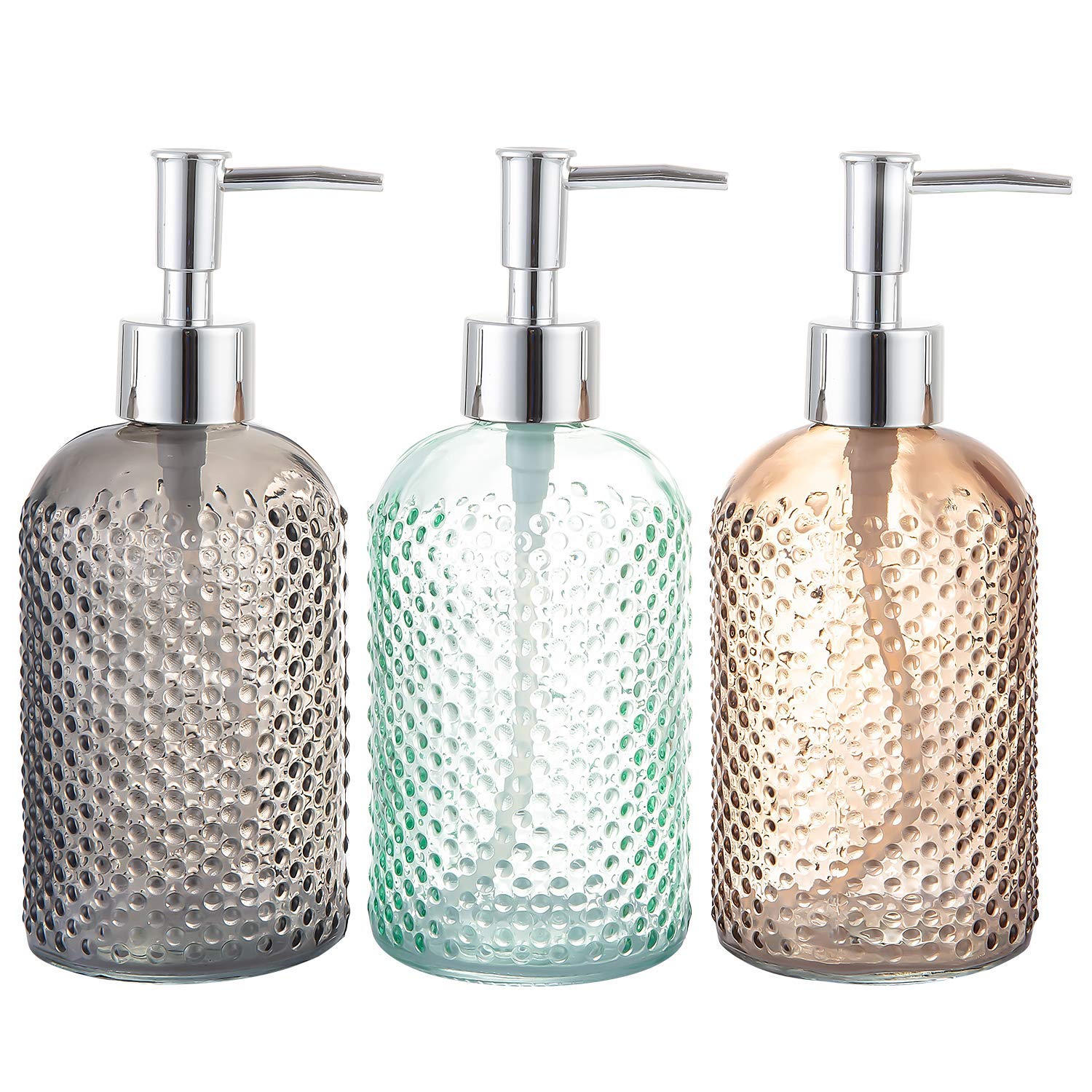 Cutiset 3 pack assorted Glass 15 Ounce Lotion Soap Dispenser Bottle with Pump for bathroom, kitchen (multicolor)