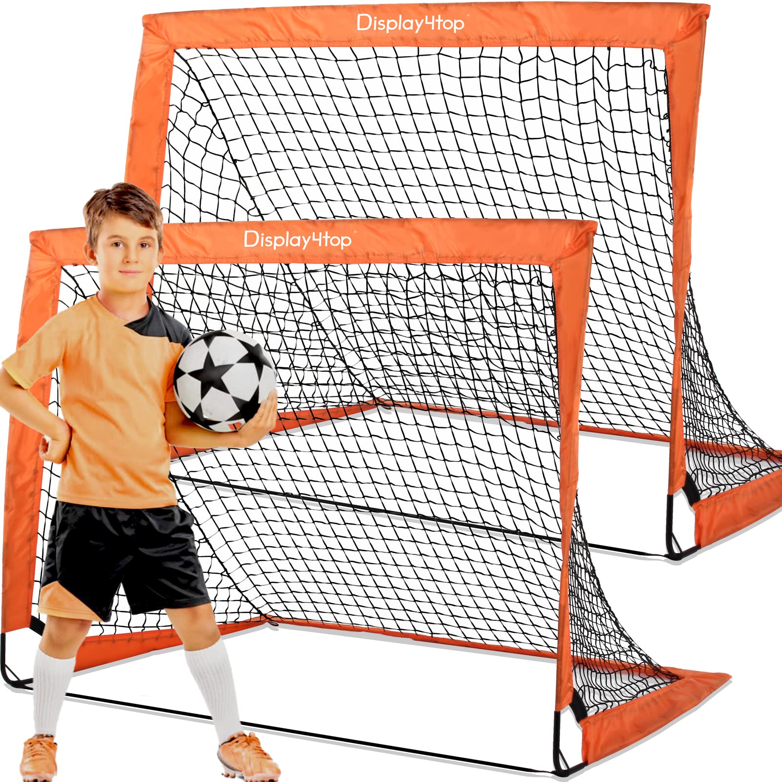 Display4top Set of 2 Football Goal with Carry Bag, Footballs Net for Kids Teens, Foldable Pop-up Goals Indoor Outdoor Sport Training for Garden, Park, Backyard, Playground, Beach, Orange