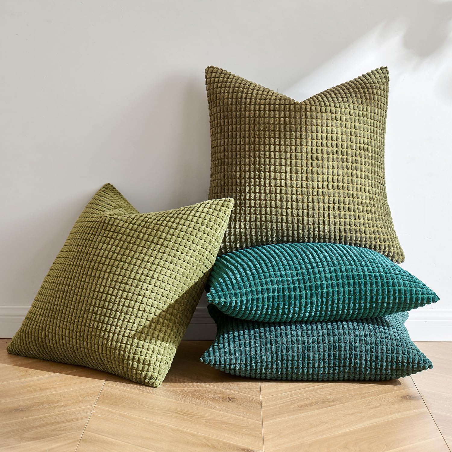 MIULEE Cushion Covers Striped Corduroy Fabric Square Throw Pillow Cover Decorative Pillowcases with Invisible Zipper for Sofa Chair Couch Bedroom 45x45cm Set of 4 Green Series