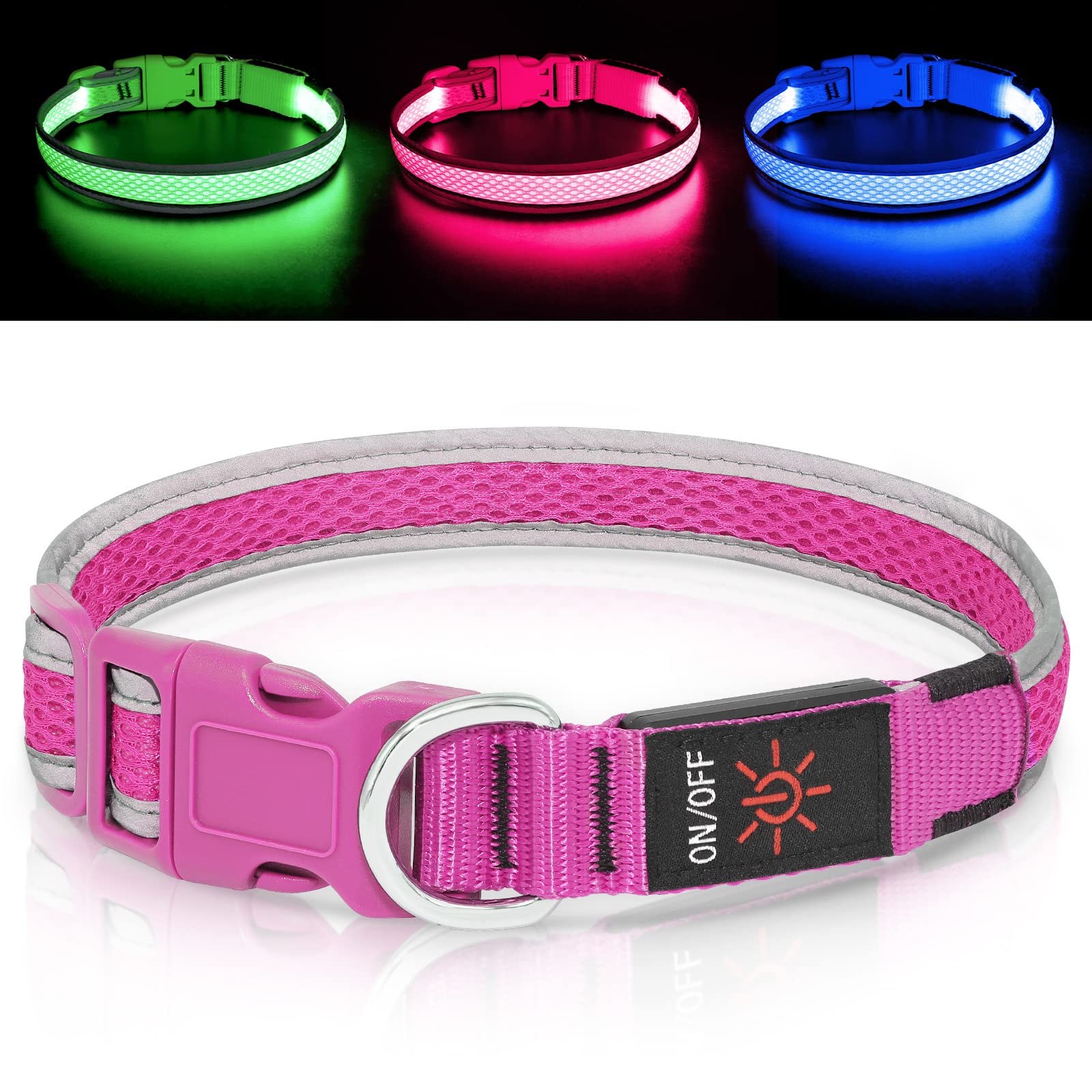 Bpawser LED Dog Collar light Up Dog Collars USB Rechargeable Adjustable Size MESH Webbing Glow Safety Basic Dog Collars for Large Medium Dogs (L, Pink)