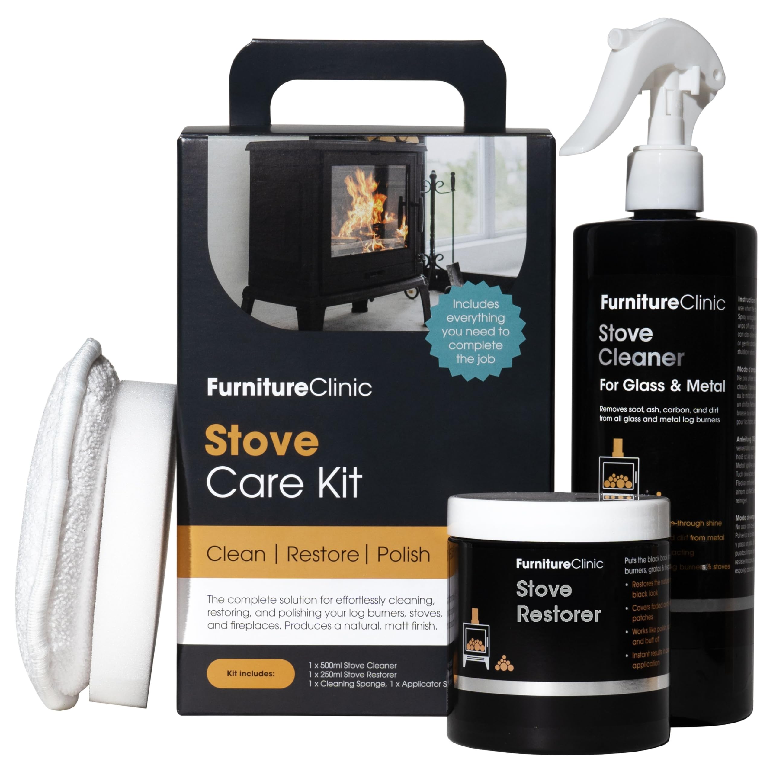 Furniture Clinic Stove Care Kit – Clean and Restore Log Burners, Grates, & Fireplaces – Removes Soot and Dirt – Stove Glass & Metal Cleaner and Stove Polish