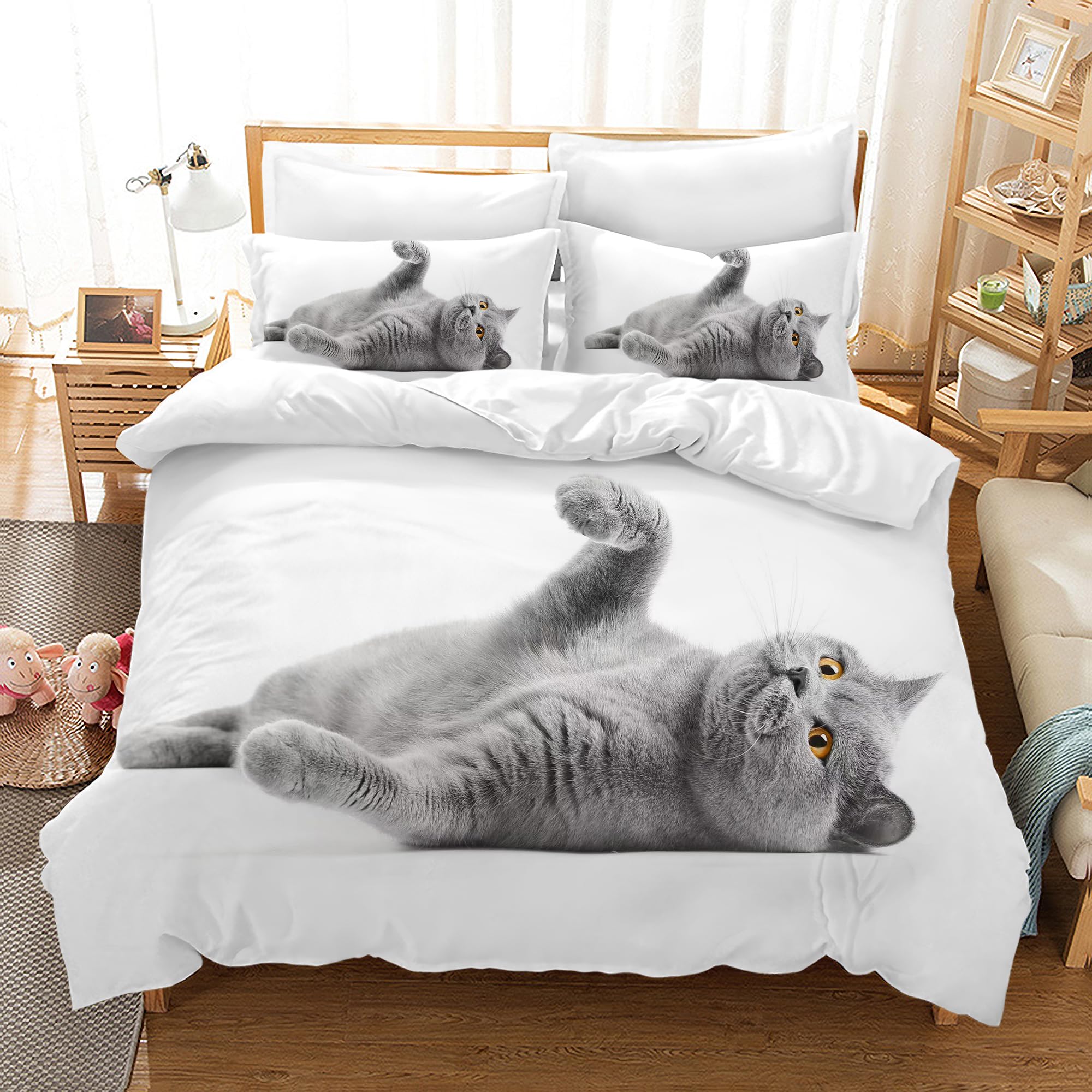 UGZDEA Cat Bed Linen Set 135x200cm, Cute 3D Pet Cat Soft Microfibre Quilted Board Set Girls Boys Children Bedding with Duvet Cover and Pillowcase (Single（135x200cm）, B)