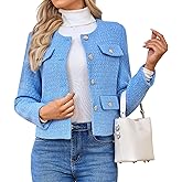 HUEOBIR Women's Tweed Blazers Jackets Casual Long Sleeve Button Down Business Short Casual Cropped Coats
