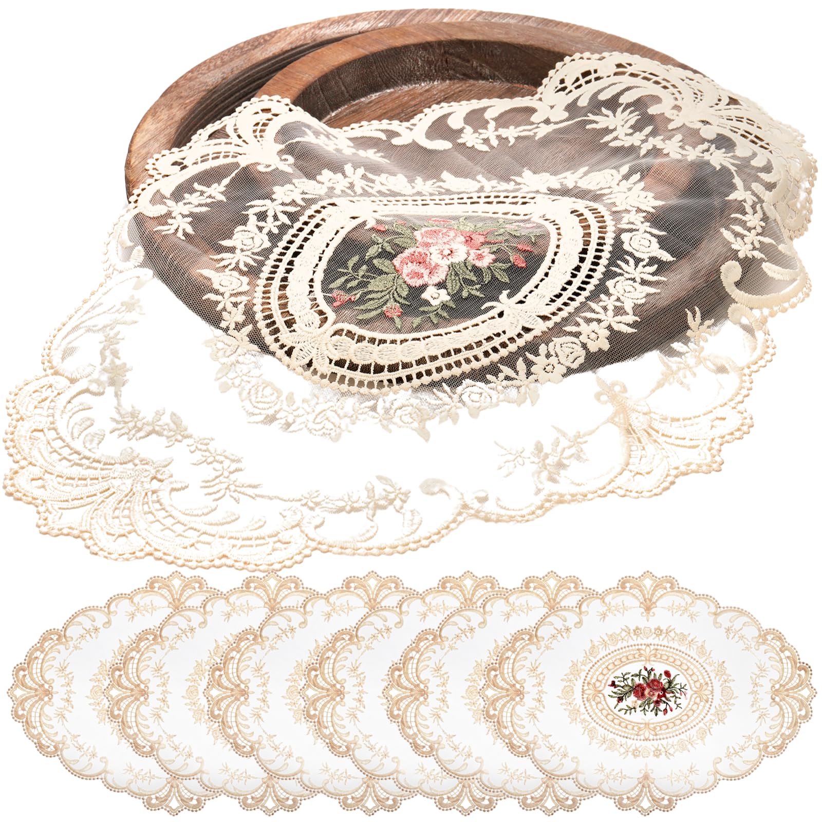 Mezchi 6 Pack Retro French Style Lace Placemats, Embroidered Crochet Lace Placemat, Vintage Victorian Decor Cup Mat for Coquette Room Decor, French Country Decor, 12''x16'', Beige, Oval