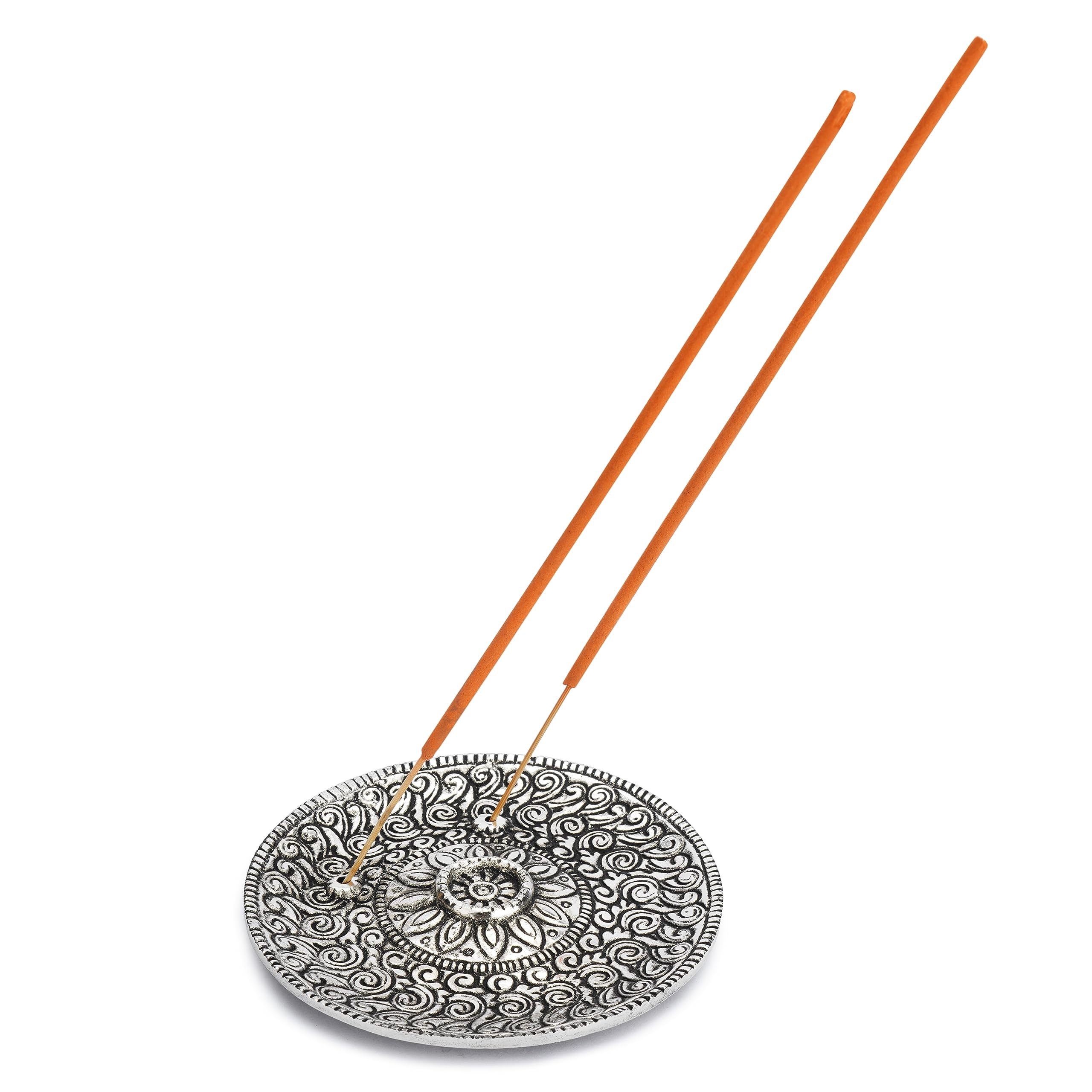 Ajuny Aluminum Round Incense Stick Holder Burner with Ash Catcher, Tibetan Flower Design Silver Incense Holder for Sticks, Meditation Yoga Spiritual Home Decor Gift, 10 cm