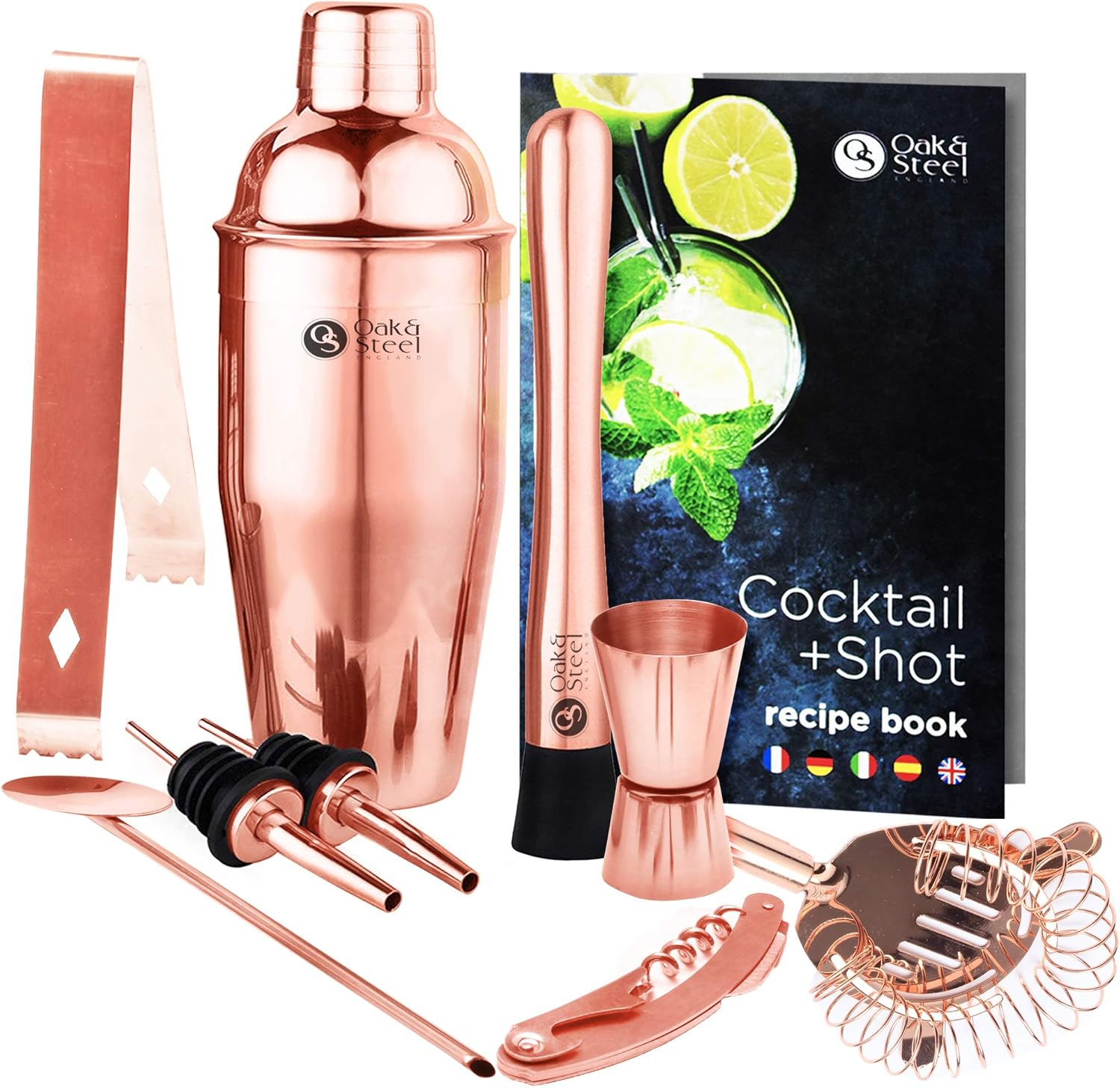 Oak & Steel 10 Pcs Stainless Steel Cocktail Making Set, Copper (Rose