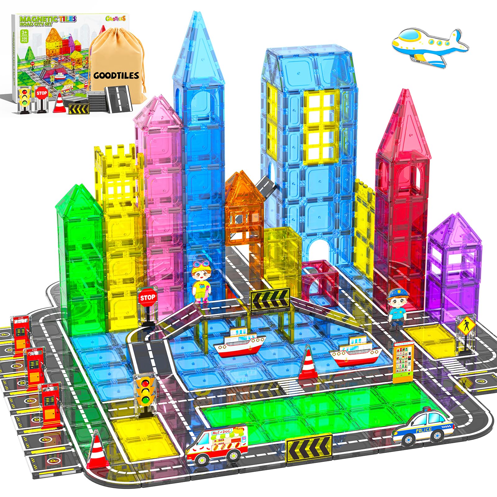 106Pcs Christmas Magnetic Tiles, Magnetic Building Blocks, Preschool Montessori Toys Gift for 3+ Year Old Boys and Girls, Sensory Toys for Kids Aged 3-5 and 4-8, Ideas for Toddler with Autism Image