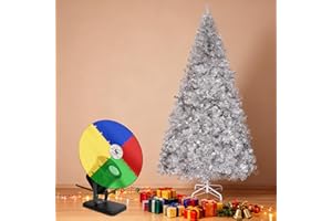 LITUWAY 6ft Vintage Christmas Tree with Rotating Color Wheel - Complete Retro Xmas Set with Light with Timing Function, Silver Tinsel PET Tree for 1950s 1960s Holiday Decor, Metal Stand, Easy Assembly