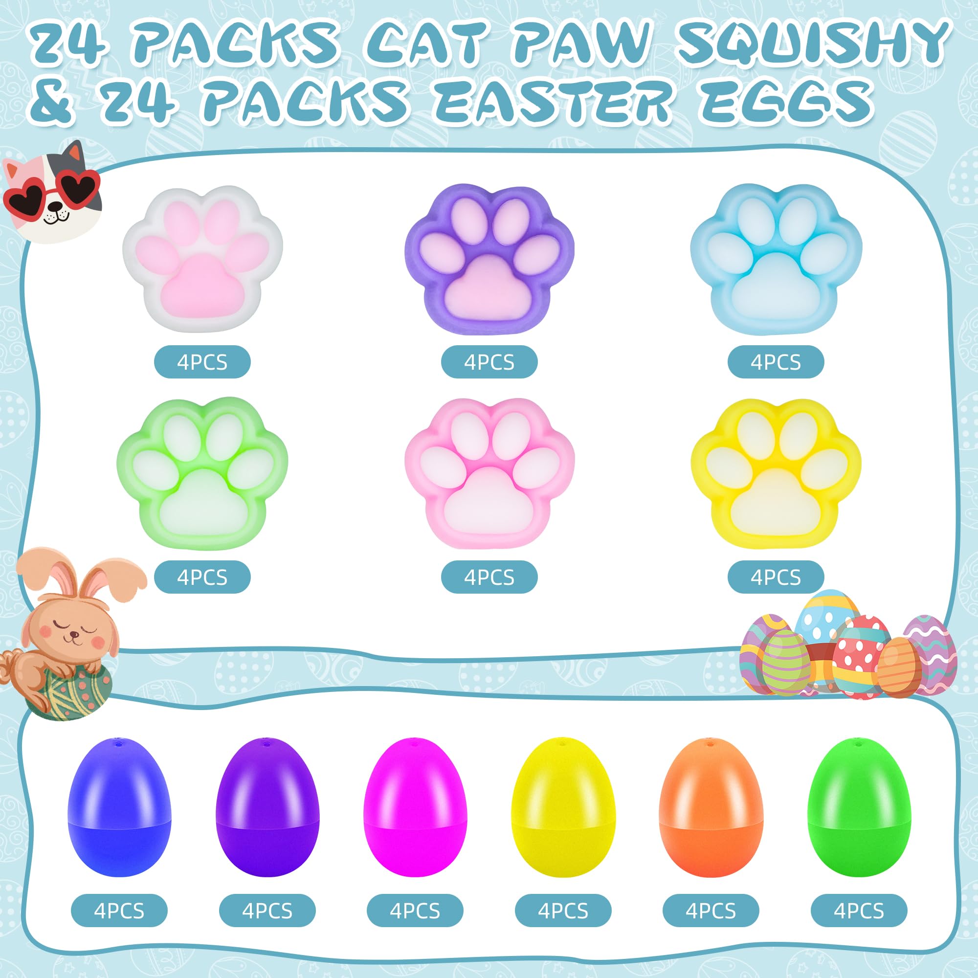 24 Packs Easter Eggs Fillers - Squishy Cat Paw Squeeze with Colorful Eggs for Easter Baskets,Egg Hunt, Toddler, Kids, Boys, School Class Classroom Party Favor